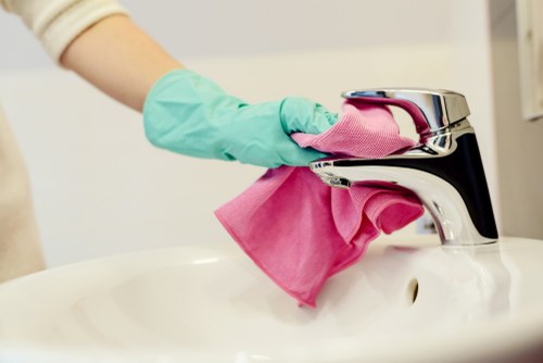Professional commercial cleaning in a modern office lobby